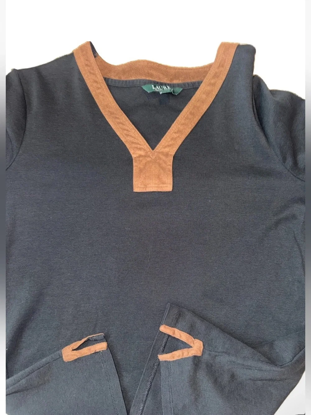Ralph Lauren Black Long-Sleeve Tee with Brown V-Neck Trim